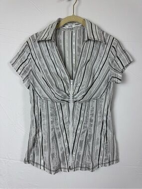 Cache Y2K Vintage Black Silver White Striped Short Sleeve ZipUp Cinched Blouse M